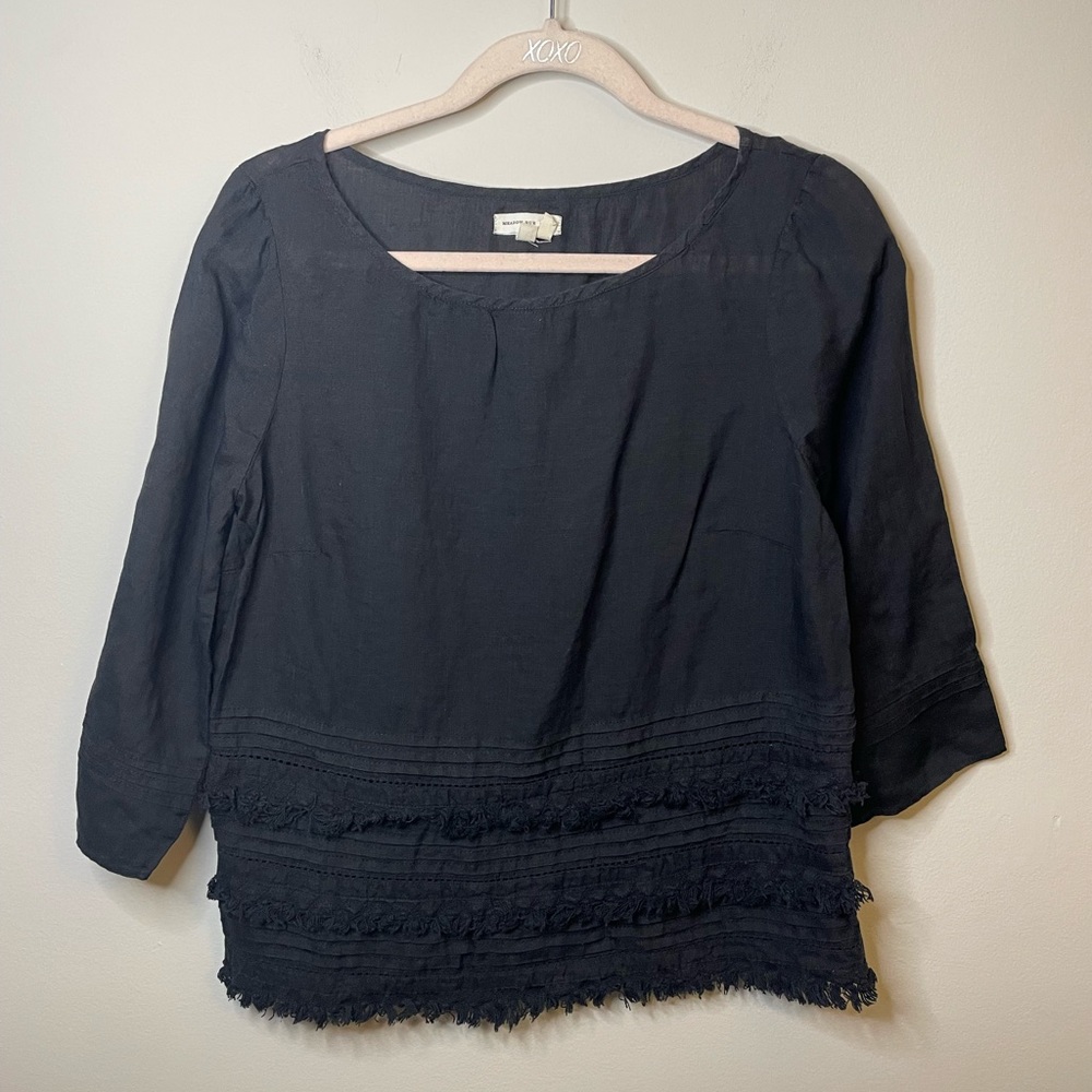 Anthropologie Meadow Rue Olathe Black Linen Fringe 3/4 Sleeve Top
